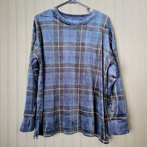 Cuddl Duds Fleece Long Sleeve Shirt Blue Green Plaid Women's Size Large